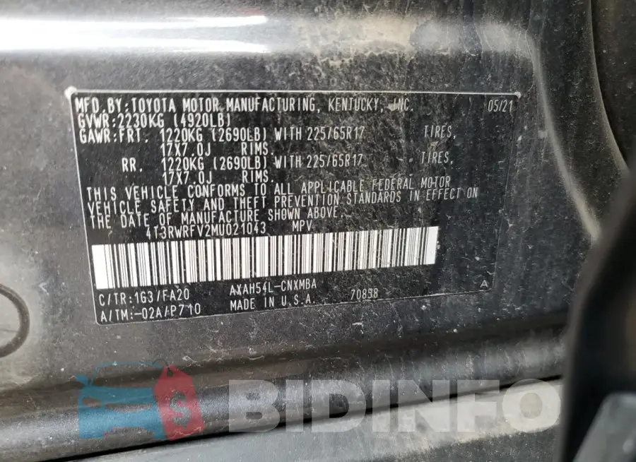 4T3RWRFV2MU021043 Photo# 13