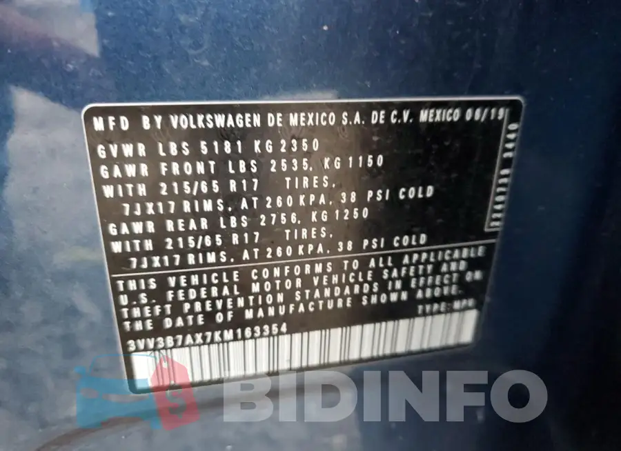 3VV3B7AX7KM163354 Photo# 13