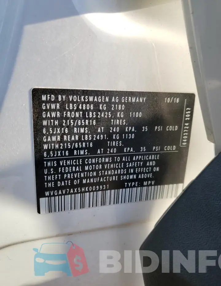 WVGAV7AX5HK009931 Photo# 12