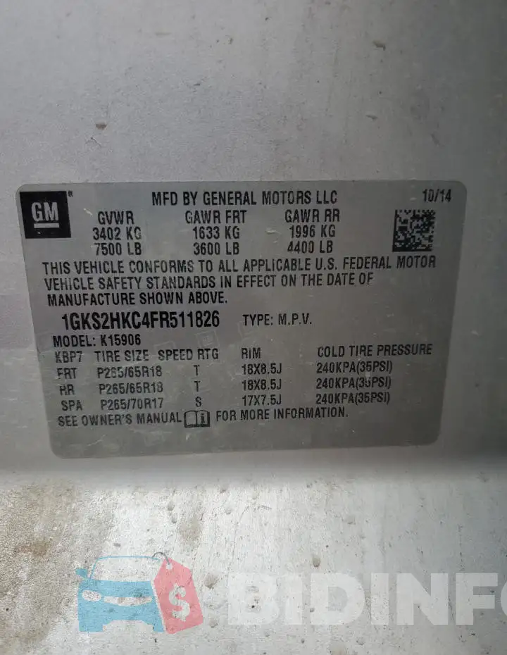 1GKS2HKC4FR511826 Photo# 13