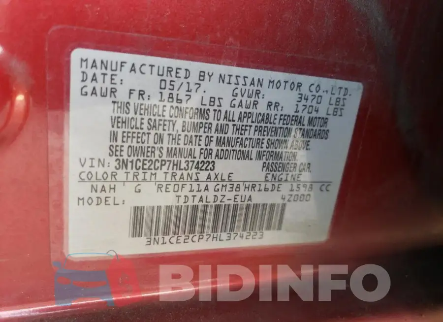 3N1CE2CP7HL374223 Photo# 12