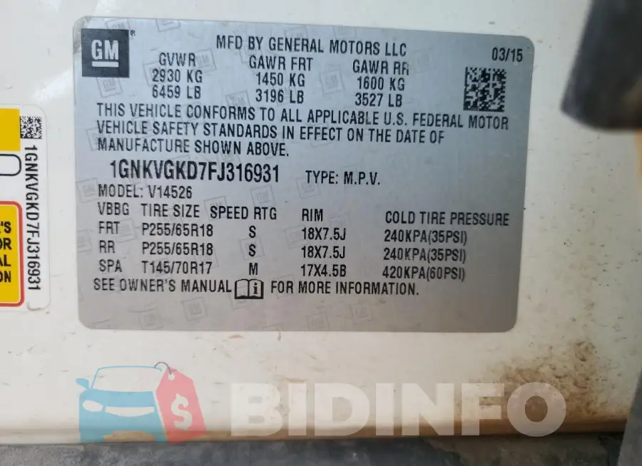 1GNKVGKD7FJ316931 Photo# 13