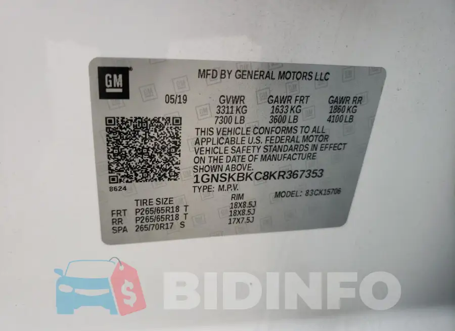 1GNSKBKC8KR367353 Photo# 14