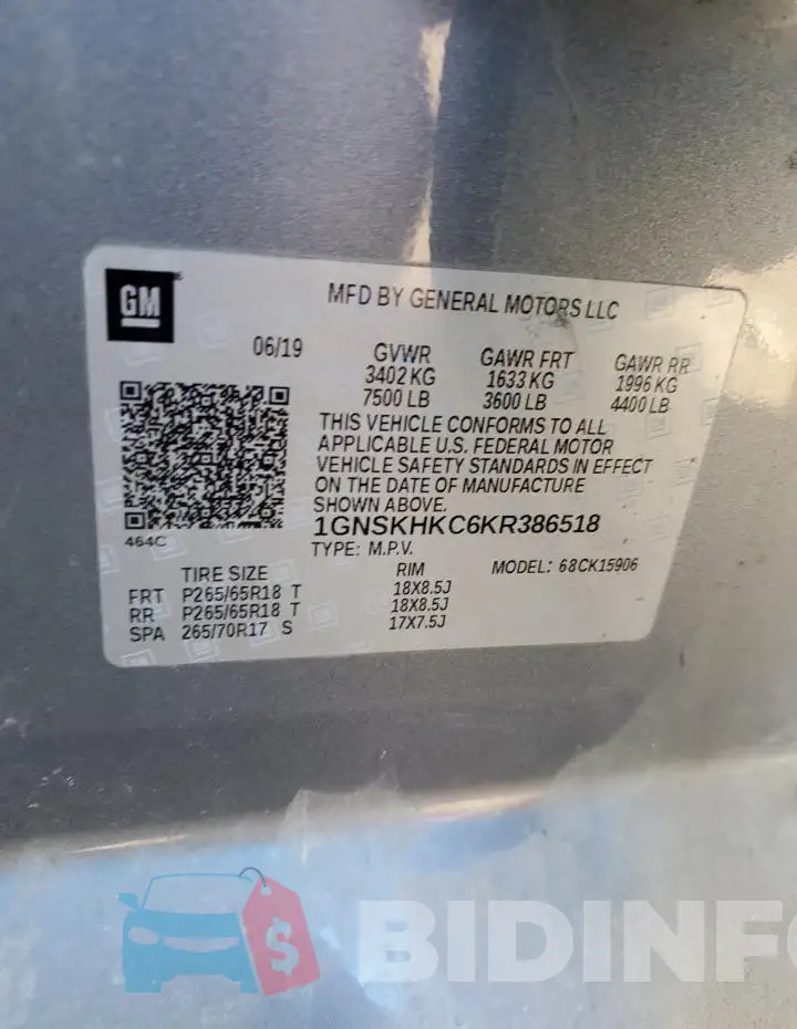 1GNSKHKC6KR386518 Photo# 14