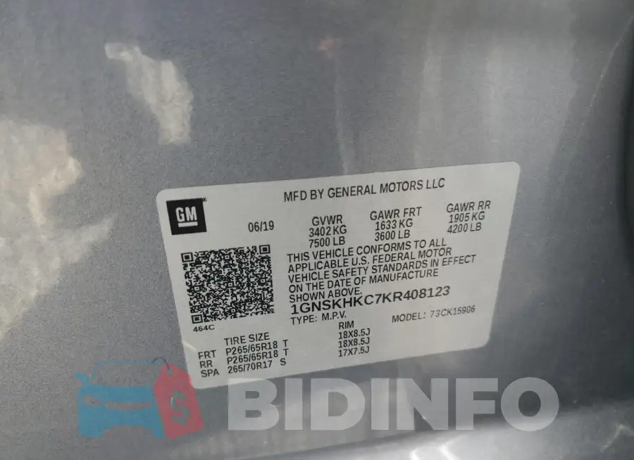 1GNSKHKC7KR408123 Photo# 13