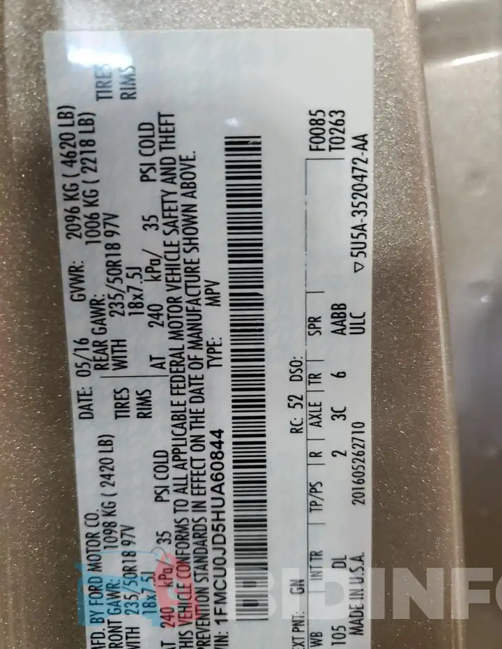 1FMCU0JD5HUA60844 Photo# 12