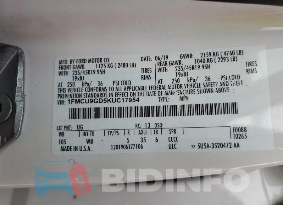 1FMCU9GD5KUC17954 Photo# 13