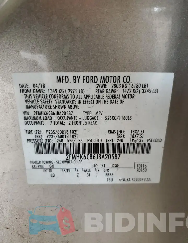 2FMHK6C86JBA20587 Photo# 13