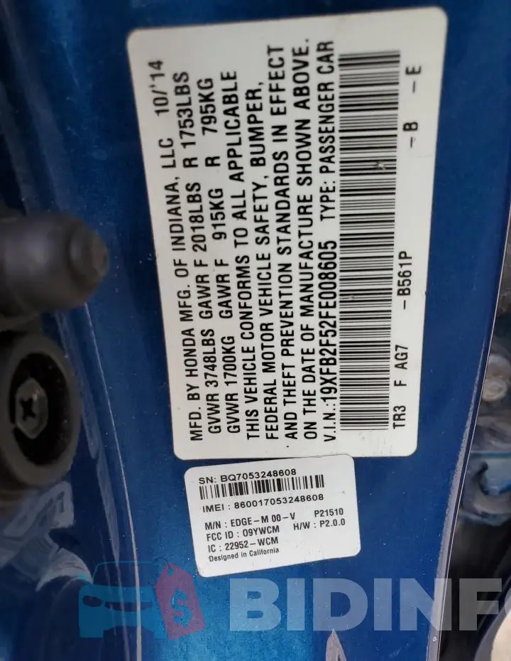 19XFB2F52FE008605 Photo# 12