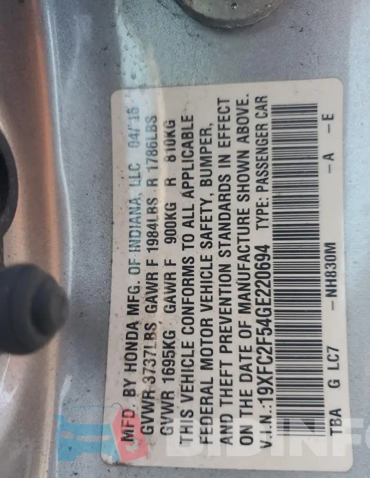 19XFC2F54GE220694 Photo# 12