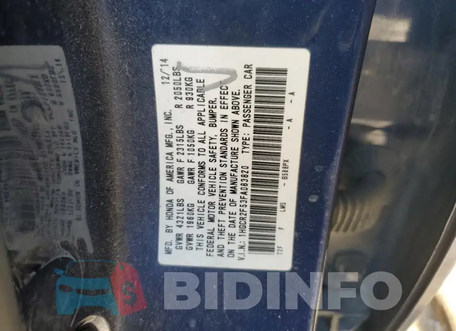 1HGCR2F53FA083820 Photo# 12