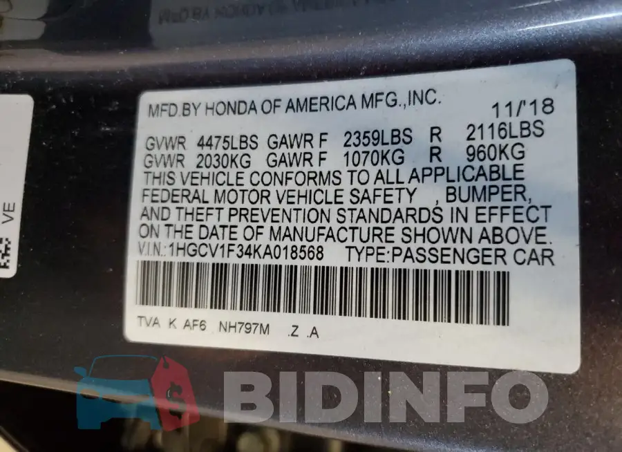 1HGCV1F34KA018568 Photo# 12