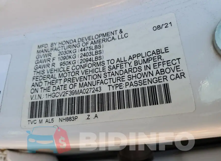 1HGCV2F39MA027243 Photo# 13