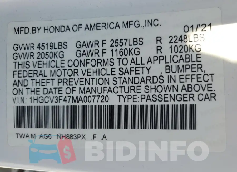 1HGCV3F47MA007720 Photo# 13