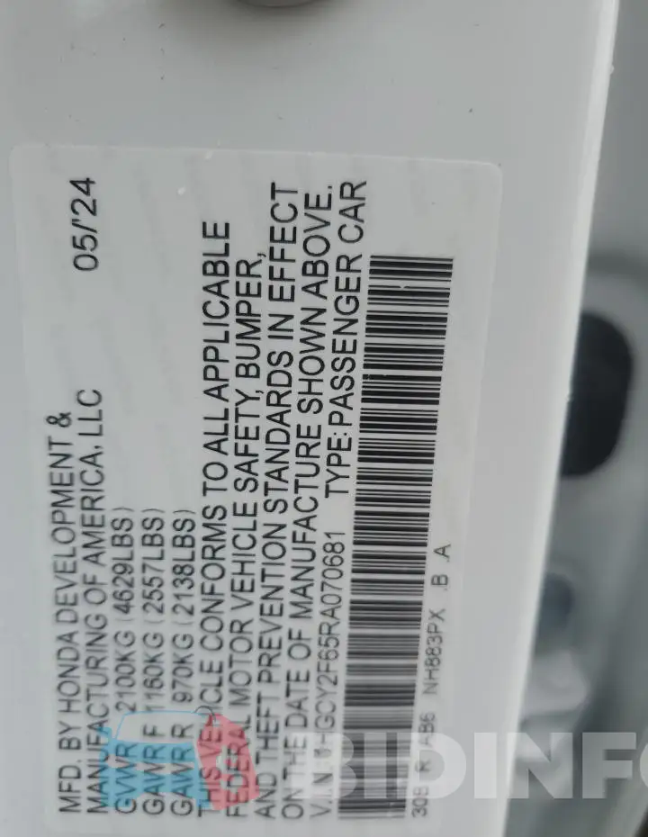 1HGCY2F65RA070681 Photo# 12