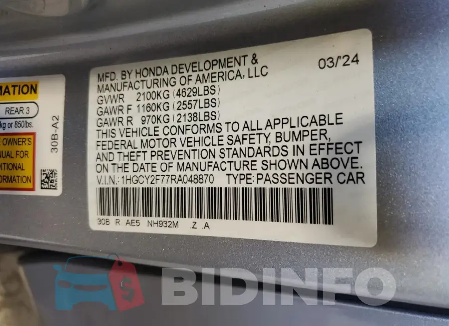 1HGCY2F77RA048870 Photo# 12