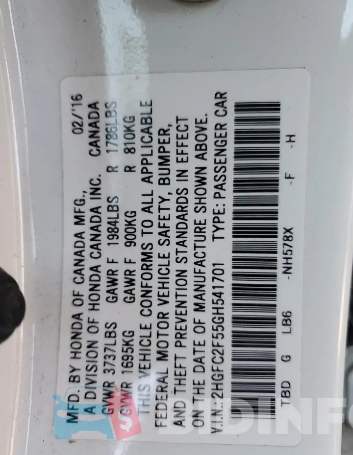 2HGFC2F55GH541701 Photo# 12