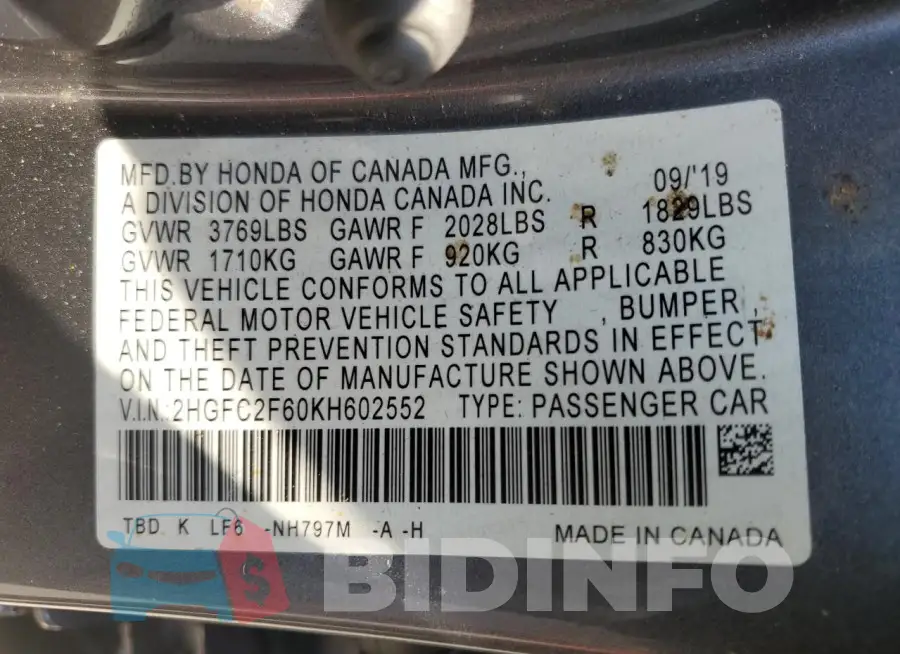 2HGFC2F60KH602552 Photo# 12
