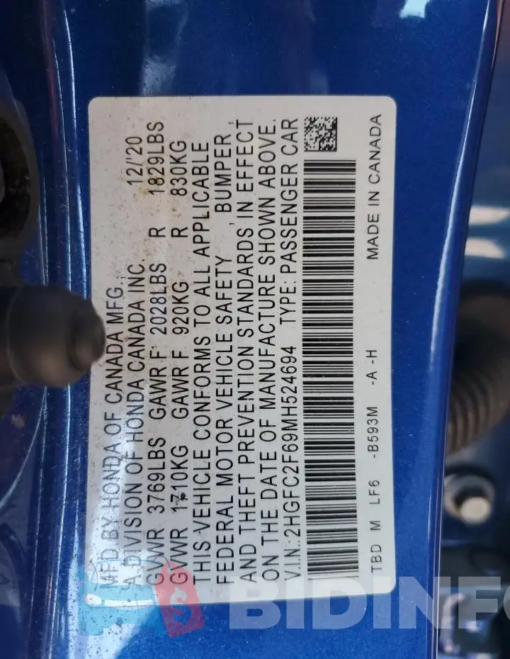 2HGFC2F69MH524694 Photo# 13