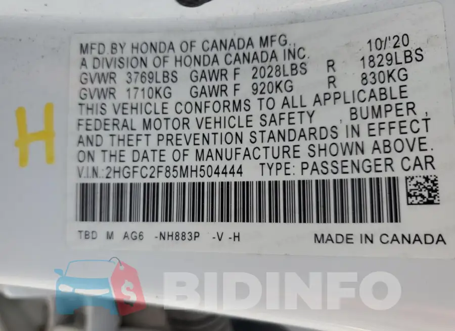 2HGFC2F85MH504444 Photo# 12