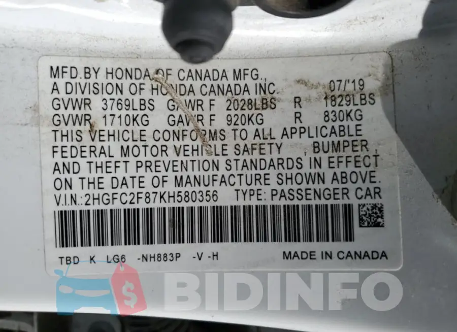 2HGFC2F87KH580356 Photo# 12