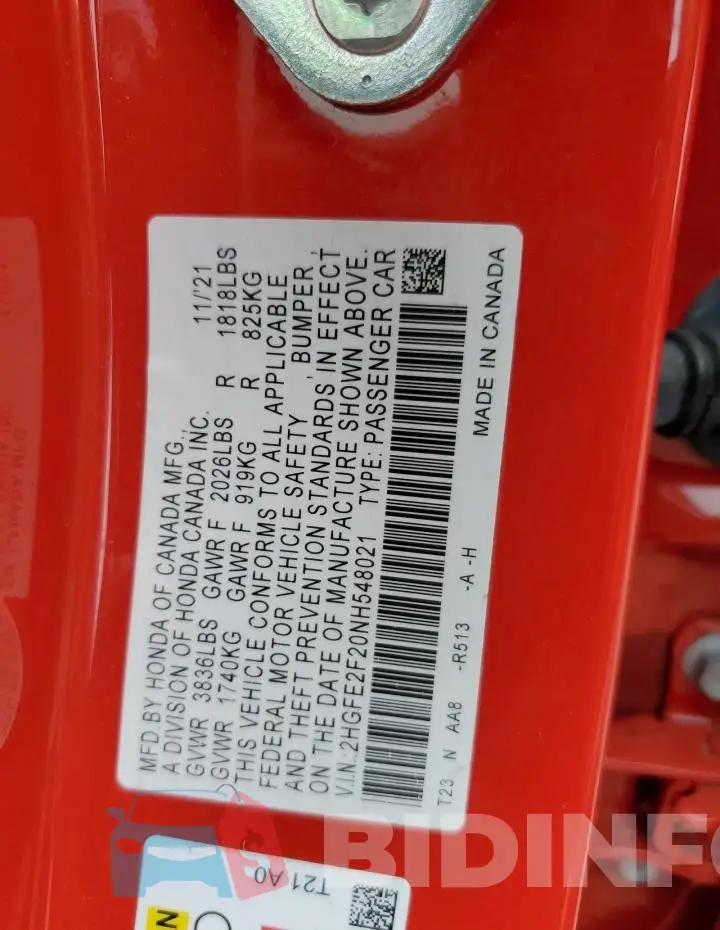 2HGFE2F20NH548021 Photo# 13