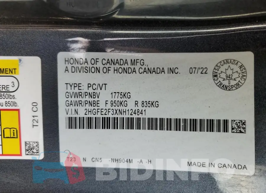 2HGFE2F3XNH124841 Photo# 12