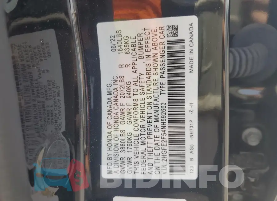 2HGFE2F54NH592663 Photo# 12