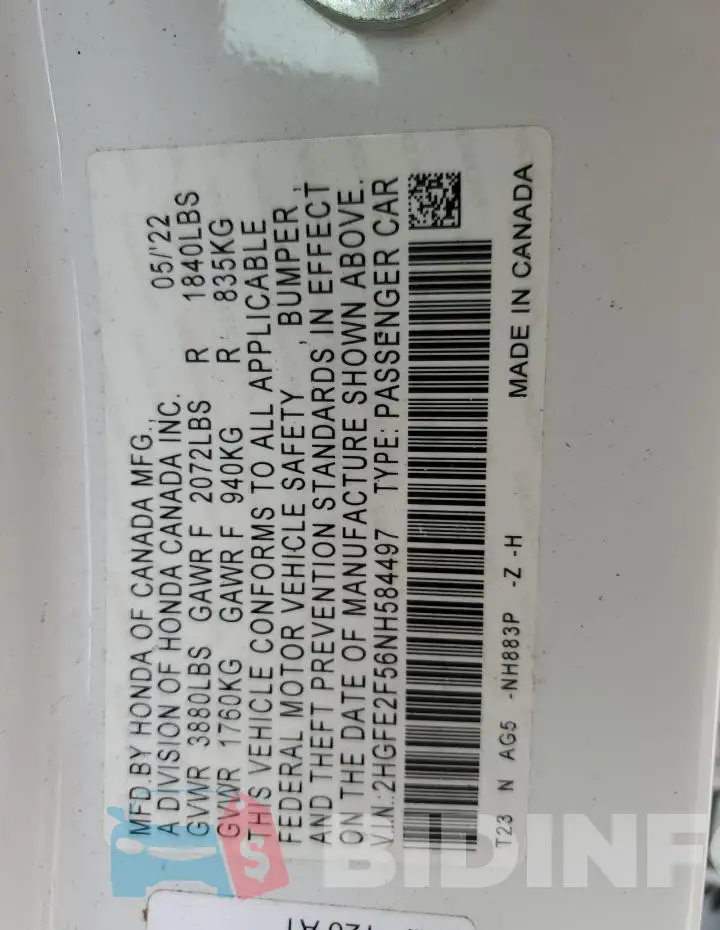 2HGFE2F56NH584497 Photo# 12