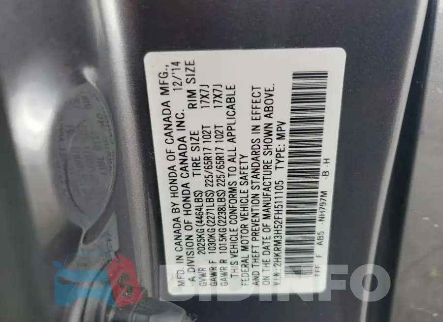 2HKRM3H52FH511105 Photo# 12