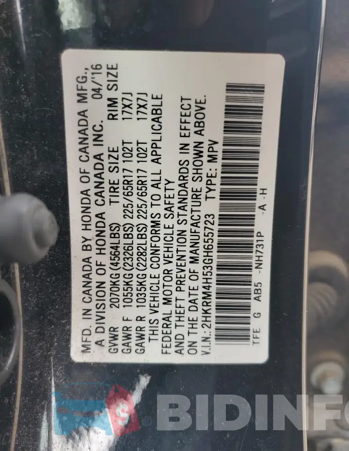 2HKRM4H53GH655723 Photo# 13