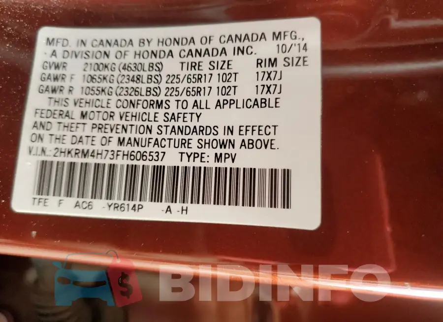 2HKRM4H73FH606537 Photo# 14