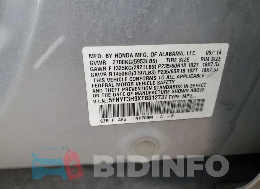 5FNYF3H9XFB012737 Photo# 12