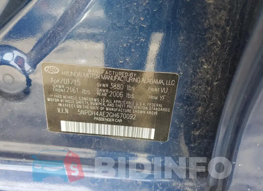 5NPDH4AE2GH670092 Photo# 12