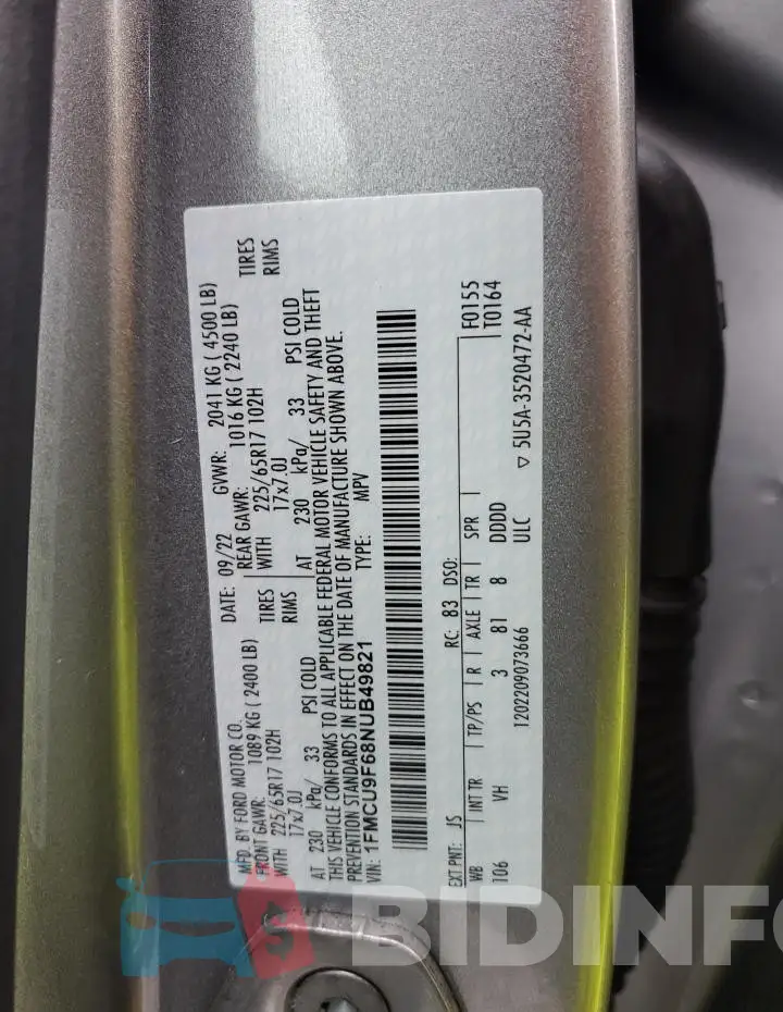 1FMCU9F68NUB49821 Photo# 12