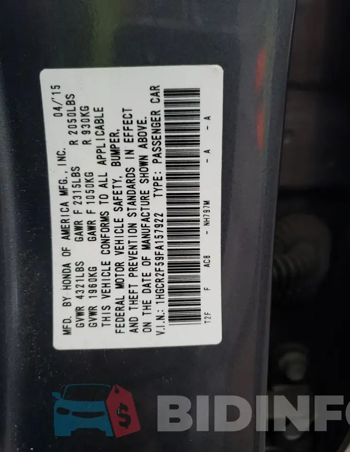 1HGCR2F59FA157922 Photo# 13