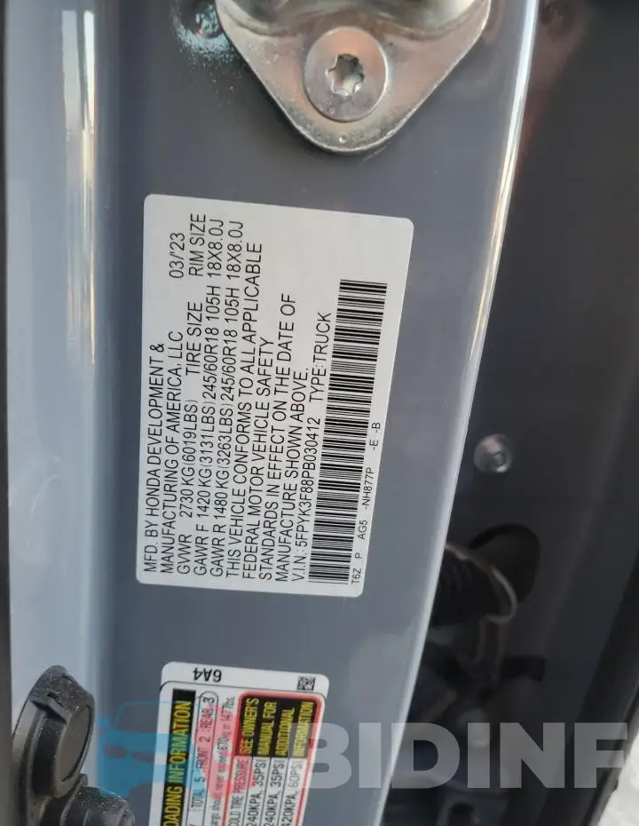 5FPYK3F88PB030412 Photo# 12