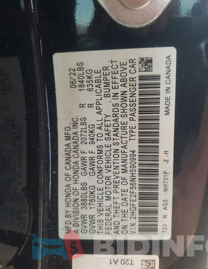 2HGFE2F56NH590994 Photo# 12