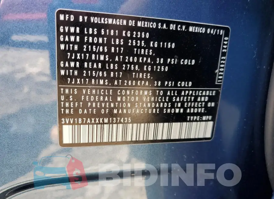 3VV1B7AXXKM137435 Photo# 13