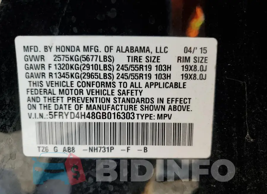 5FRYD4H48GB016303 Photo# 13