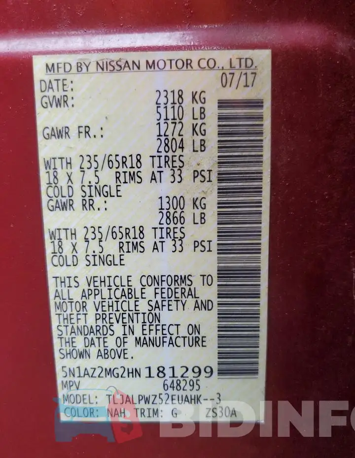 5N1AZ2MG2HN181299 Photo# 13