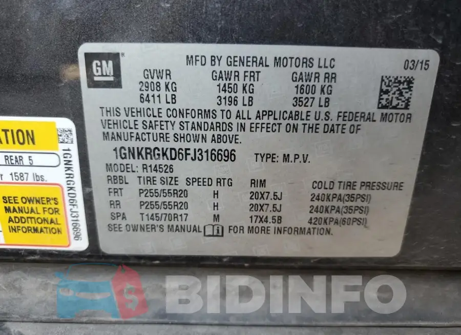 1GNKRGKD6FJ316696 Photo# 13
