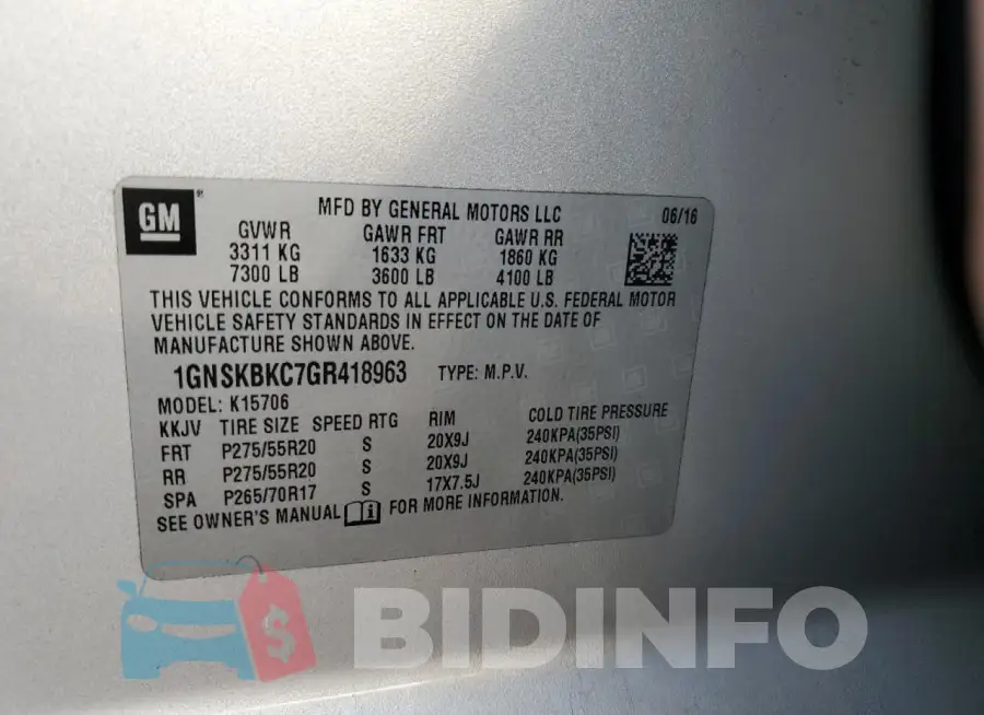 1GNSKBKC7GR418963 Photo# 13