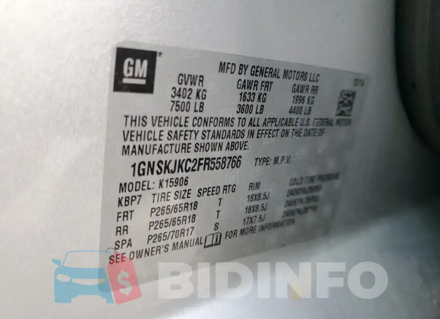 1GNSKJKC2FR558766 Photo# 13