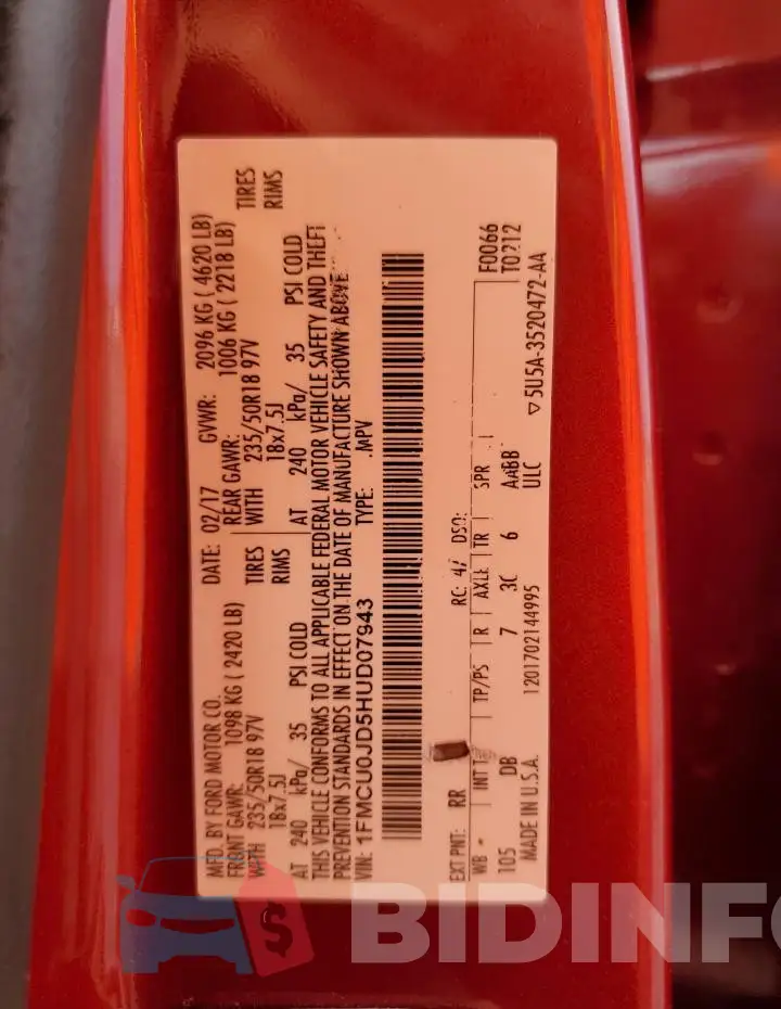 1FMCU0JD5HUD07943 Photo# 14