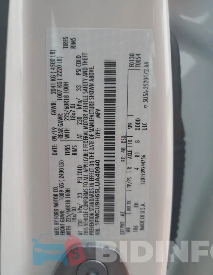 1FMCU9H65LUA40940 Photo# 14