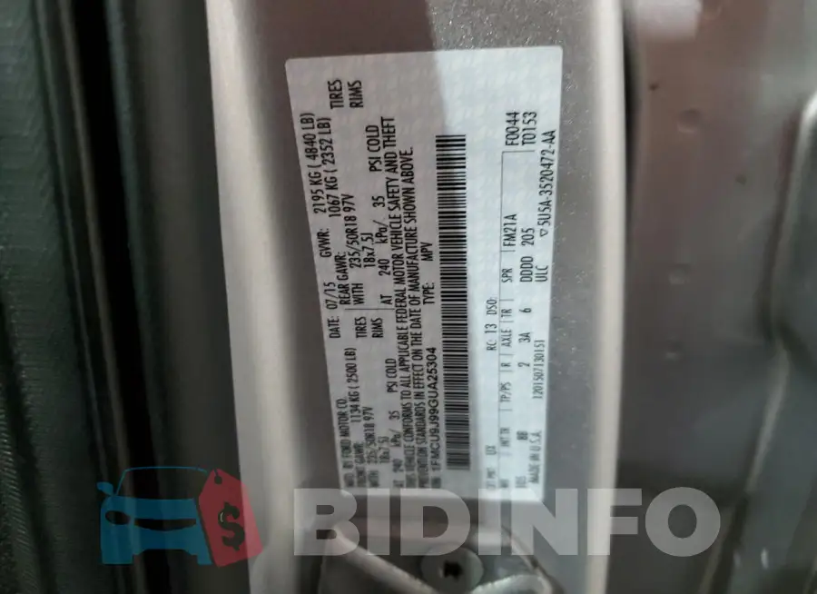 1FMCU9J99GUA25304 Photo# 14
