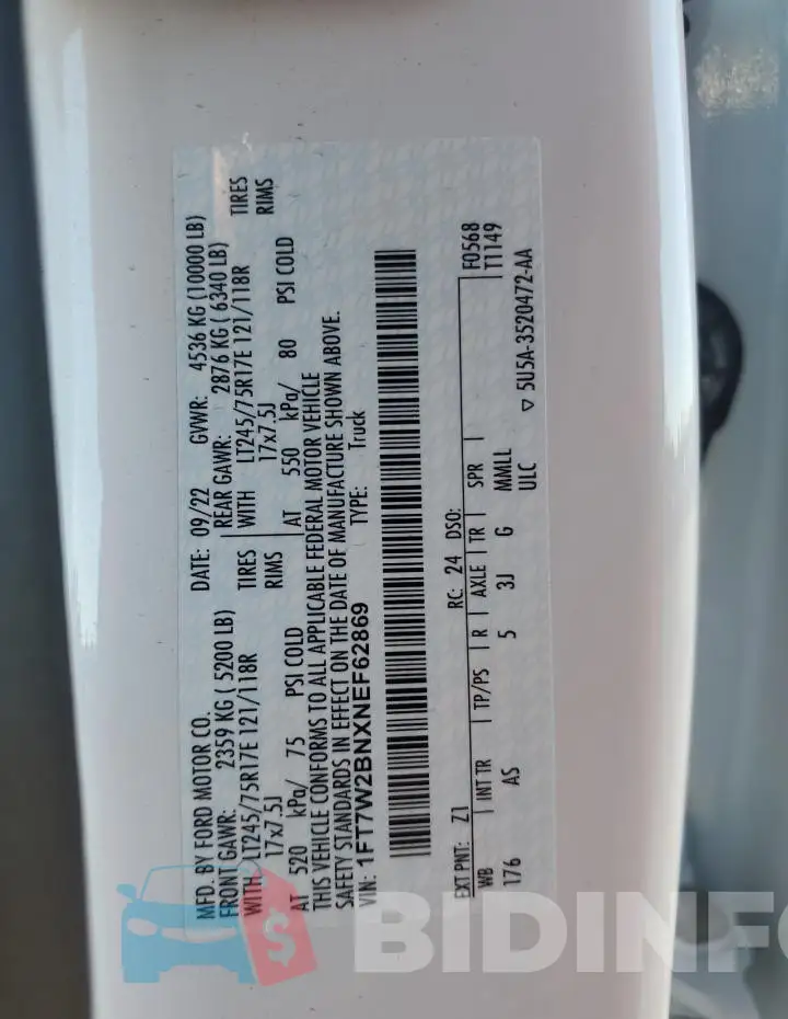 1FT7W2BNXNEF62869 Photo# 14