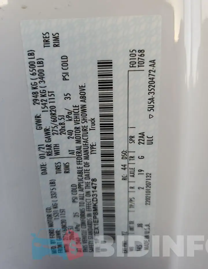 1FTEX1EP8MKD31478 Photo# 12