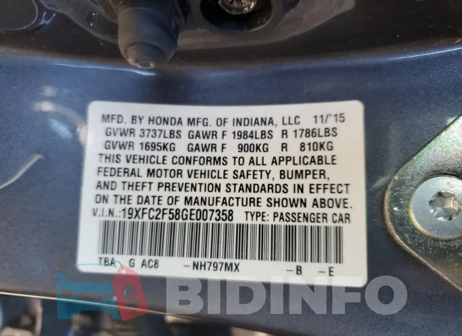 19XFC2F58GE007358 Photo# 12